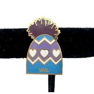 Vail Colorado Ski Hat Enamel Lapel Pin Brooch With Hearts And Pom Pom Apres Ski